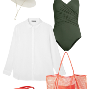 Vacation outfit collage: dark olive one-piece swimsuit with white button-down shirt worn open as a swim coverup, cream UPF brimmer hat, black sunglasses, coral mesh tote bag, and coral Archies flip flops.