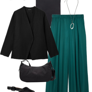 Vacation outfit collage: navy tank and teal wide-leg pants with a black open blazer, long silver pendant necklace, black sunglasses, and black water-resistant crossbody bag with black Camper Dana sandals.