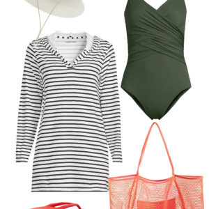 Vacation outfit collage: dark olive one-piece swimsuit with black and white striped Lands' End UPF hooded tunic as a swim coverup, cream UPF brimmer hat, black sunglasses, coral mesh tote bag, and coral Archies flip flops.