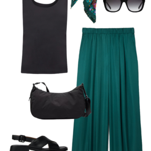 Vacation outfit collage: black tank and teal wide-leg pants with a teal floral silk square scarf tied at the neck, black sunglasses, and black water-resistant crossbody bag with black Camper Dana sandals.