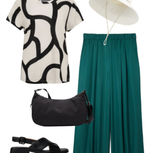 Vacation outfit collage: black and cream abstract print tee and teal wide-leg pants with a cream UPF brimmer hat, black sunglasses, and black water-resistant crossbody bag with black Camper Dana sandals.