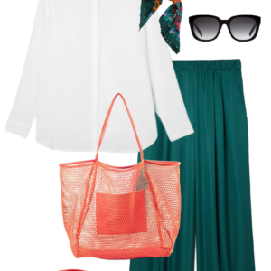 Vacation outfit collage: white button-down shirt and teal wide-leg pants with a teal floral silk square scarf tied at the neck, black sunglasses, coral mesh tote bag, and coral Archies flip flops.