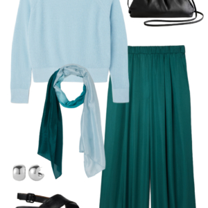 Vacation outfit collage: sky blue sweater and teal wide-leg pants with a teal-to-sky-blue ombre scarf, silver ball stud earrings, black leather drawstring crossbody bag, and black Camper Dana sandals.