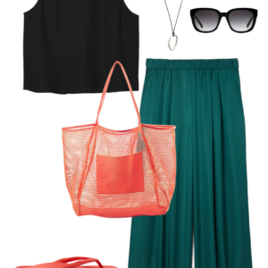 Vacation outfit collage: black tank and teal wide-leg pants with a long silver pendant necklace, black sunglasses, coral mesh tote bag, and coral Archies flip flops.