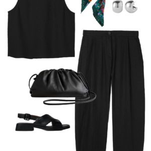 Vacation outfit collage: black tank and black wide-leg pants with a teal floral silk square scarf tied at the neck, silver ball stud earrings, black leather drawstring crossbody bag, and black Camper Dana sandals.