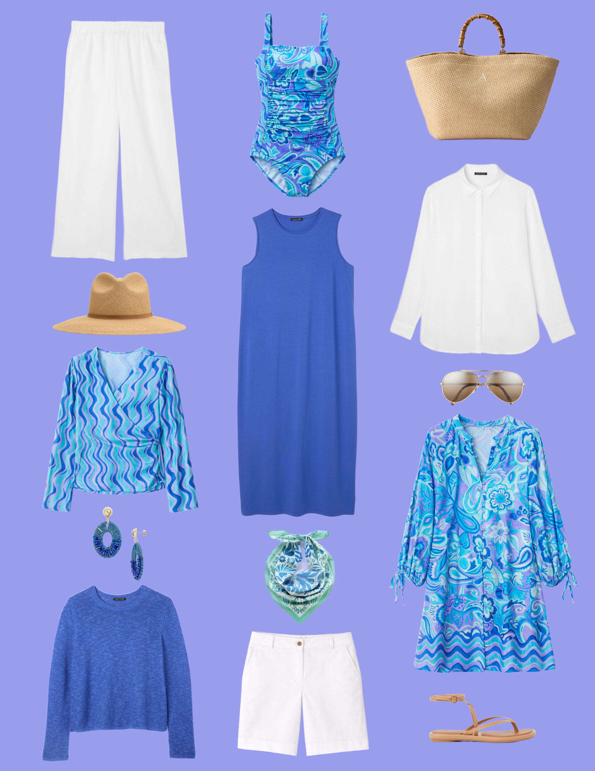 collage of an over 40 vacation outfit collection featuring the johnny was mulla collection and eileen fisher linen separates