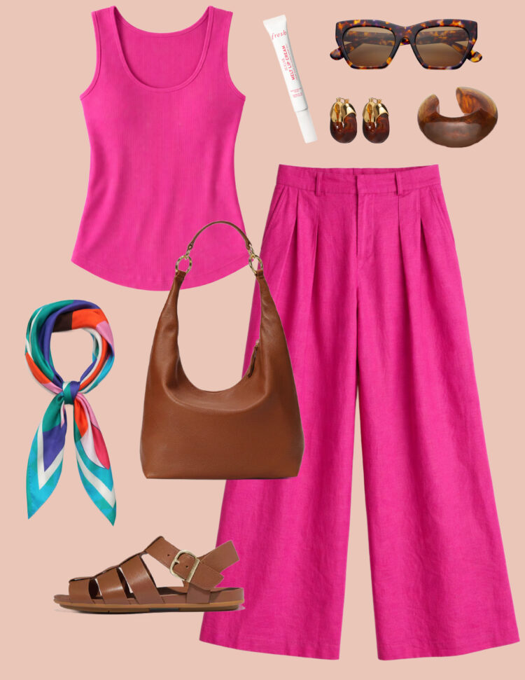 How to Style Universal Standard Linen: 8 Outfit Ideas for 2026 1 collage of a Universal Standard Hyper Pink ribbed tank with matching pink linen wide leg pants from the same retailer. They are in a collage with a Hyer Goods cognac leather bag, FitFlop fisherman sandals, Lizzie Fortunato earrings and cuff in tortoiseshell, and an Echo silk scarf