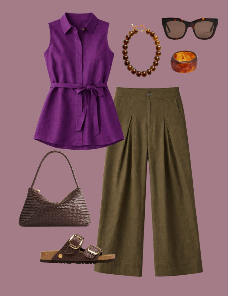 How to Style Universal Standard Linen: 8 Outfit Ideas for 2026 5 how to style wide leg linen pants featuring the Marley in camo from Universal Standard with a sleeveless purple linen shirt