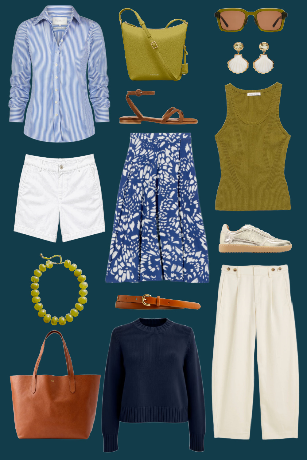 spring capsule wardrobe of weird green navy and cognac