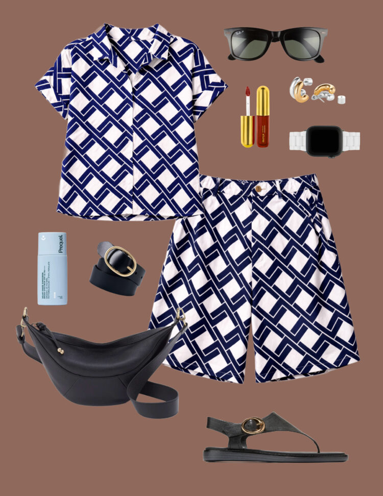 How to Style Universal Standard Linen: 8 Outfit Ideas for 2026 3 collage styling the Geometrica print linen shorts and short sleeved top from Universal Standard with black leather sandals, sling bag, and Wayfarer sunglasses