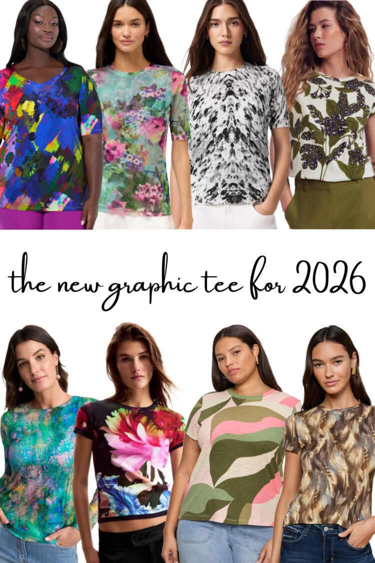 Weekend Reads for the Beginning of April 3 a collage of 8 stylish graphic tees for 2026 curated by wardrobe oxygen