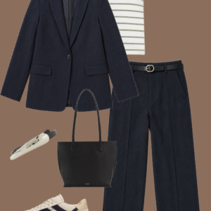 l1 Navy linen blazer, striped cotton tank, and navy linen ankle pants with a black embossed belt, styled with a black leather tote and cream leather sneakers