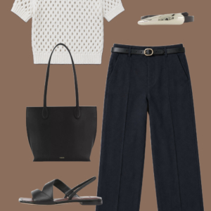 l11 White open-knit cotton-linen sweater tee and navy linen ankle pants with a black embossed belt, black leather tote, and black flat leather sandals