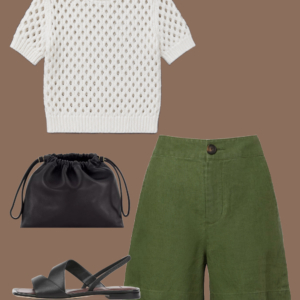 l14 Navy stretch silk shirt and cream linen full-length pants with a silver-buckle leather belt, black leather drawstring pouch, and black flat leather sandals