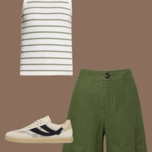 l15 Striped cotton tank and cream linen full-length pants with a silver-buckle leather belt, black leather tote, and black flat leather sandals