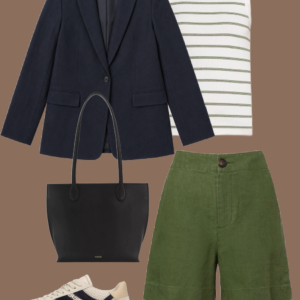 l16 Navy linen blazer, striped cotton tank, and cream linen full-length pants with a silver-buckle leather belt and cream leather sneakers