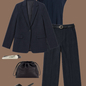 l2 Navy linen blazer and striped cotton tank paired with an olive green cotton-blend midi skirt and cream leather sneakers