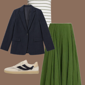 l20 Navy linen blazer, navy stretch silk shirt, and navy linen ankle pants with a black embossed belt, black leather drawstring pouch, and black flat leather sandals