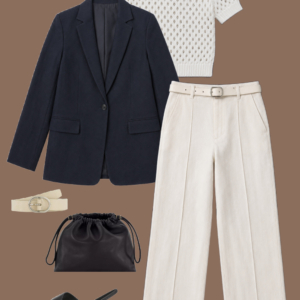 l4 Striped cotton tank and olive green cotton-blend midi skirt with a black leather drawstring pouch and black flat leather sandals