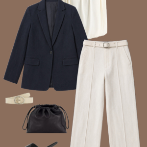 l5 Cream matte jersey bubble top and olive green cotton-blend midi skirt with a black leather drawstring pouch and black flat leather sandals