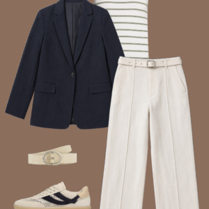 l6 Navy linen blazer, striped cotton tank, and olive green hemp shorts with a black leather tote and cream leather sneakers
