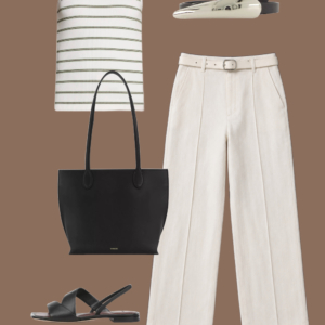 l7 Striped cotton tank and olive green hemp shorts with cream leather sneakers