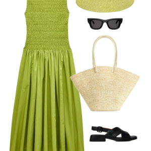 o1 Outfit collage: chartreuse green smocked J.Crew cotton midi dress styled with green packable straw hat, Ray-Ban square black sunglasses, natural straw market tote, and black Camper leather crossover slingback sandals on white background, Wardrobe Oxygen