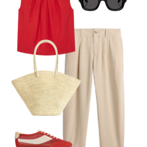 o10 Outfit collage: red M.M. LaFleur pleated sleeveless top with beige linen tapered trousers, Ray-Ban Puffy Wayfarer sunglasses, natural straw market tote, and red and cream Vince mesh sneakers on white background, Wardrobe Oxygen