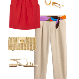 o11 Outfit collage: red M.M. LaFleur pleated sleeveless top with beige linen tapered trousers, Ray-Ban Puffy Wayfarer sunglasses, large natural straw market tote, and red and cream Vince mesh sneakers on white background, Wardrobe Oxygen