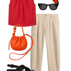o12 Outfit collage: red M.M. LaFleur pleated sleeveless top with beige linen tapered trousers, large colorful square scarf tied at waist, Jenny Bird gold sculptural hoop earrings, gold wicker clutch, and gold J.Crew Factory strappy flat sandals on white background, Wardrobe Oxygen