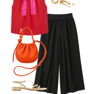 o13 Outfit collage: red M.M. LaFleur pleated sleeveless top with beige linen tapered trousers, colorful square scarf worn as hair accessory, Ray-Ban Puffy Wayfarer sunglasses, orange Behno New York convertible crossbody bag, and black Camper Dana leather slingback sandals on white background, Wardrobe Oxygen