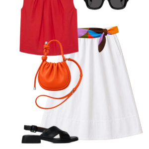 o14 Outfit collage: red M.M. LaFleur pleated sleeveless top with black Lands' End cropped palazzo pants, hot pink cardigan tied at shoulders, Jenny Bird gold sculptural hoop earrings, orange Behno New York convertible crossbody bag, and gold J.Crew Factory strappy flat sandals on white background, Wardrobe Oxygen