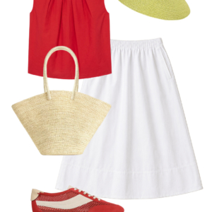 o15 Outfit collage: red M.M. LaFleur pleated sleeveless top with white cotton poplin midi skirt, large colorful square scarf tied at waist, Ray-Ban Puffy Wayfarer sunglasses, orange Behno New York convertible crossbody bag, and black Camper Dana leather slingback sandals on white background, Wardrobe Oxygen