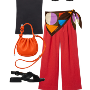 o16 Outfit collage: red M.M. LaFleur pleated sleeveless top with white cotton poplin midi skirt, green packable Eric Javits straw hat, large natural straw market tote, and red and cream Vince mesh sneakers on white background, Wardrobe Oxygen