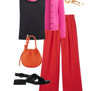 o17 Outfit collage: black Universal Standard refined tank with red M.M. LaFleur wide-leg voile trousers, large colorful square scarf tied diagonally at waist, Ray-Ban Puffy Wayfarer sunglasses, orange Behno New York convertible crossbody bag, and black Camper Dana leather slingback sandals on white background, Wardrobe Oxygen