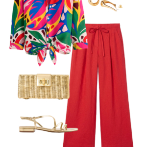 o18 Outfit collage: black Universal Standard refined tank layered with open hot pink cardigan with red M.M. LaFleur wide-leg voile trousers, Jenny Bird gold sculptural hoop earrings, orange Behno New York convertible crossbody bag, and black Camper Dana leather slingback sandals on white background, Wardrobe Oxygen