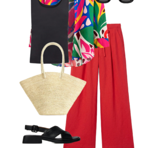 o19 Outfit collage: Boden bold tropical print linen tunic shirt tied at waist over red M.M. LaFleur wide-leg voile trousers, Jenny Bird gold sculptural hoop earrings, gold wicker clutch, and gold J.Crew Factory strappy flat sandals on white background, Wardrobe Oxygen