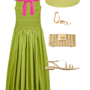 o2 Outfit collage: chartreuse green smocked J.Crew cotton midi dress with hot pink cardigan tied at shoulders, green packable straw hat, Jenny Bird gold sculptural hoop earrings, gold wicker clutch, and gold J.Crew Factory strappy flat sandals on white background, Wardrobe Oxygen