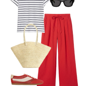 o20 Outfit collage: white and black striped Banana Republic Factory tee with red M.M. LaFleur wide-leg voile trousers, Ray-Ban Puffy Wayfarer sunglasses, natural straw market tote, and red and cream Vince mesh sneakers on white background, Wardrobe Oxygen