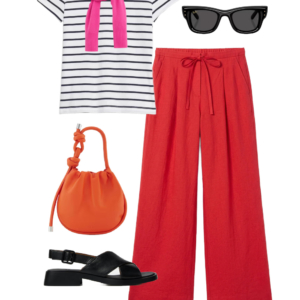 o21 Outfit collage: white and black striped Banana Republic Factory tee with hot pink cardigan tied at neck, red M.M. LaFleur wide-leg voile trousers, Ray-Ban Puffy Wayfarer sunglasses, orange Behno New York convertible crossbody bag, and black Camper Dana leather slingback sandals on white background, Wardrobe Oxygen