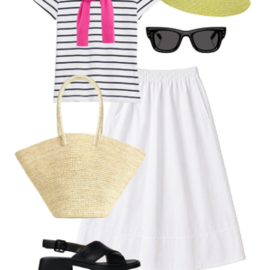 o22 Outfit collage: Boden bold tropical print linen tunic shirt tied at waist with white cotton poplin midi skirt, Jenny Bird gold sculptural hoop earrings, gold wicker clutch, and gold J.Crew Factory strappy flat sandals on white background, Wardrobe Oxygen