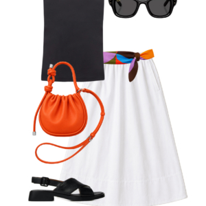 o23 Outfit collage: white and black striped Banana Republic Factory tee with hot pink cardigan tied at neck, white cotton poplin midi skirt, green packable Eric Javits straw hat, Ray-Ban Puffy Wayfarer sunglasses, large natural straw market tote, and black Camper Dana leather slingback sandals on white background, Wardrobe Oxygen