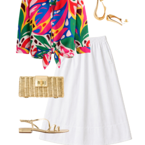 o24 Outfit collage: black Universal Standard refined tank with white cotton poplin midi skirt, large colorful square scarf tied at waist as belt, Ray-Ban Puffy Wayfarer sunglasses, orange Behno New York convertible crossbody bag, and black Camper Dana leather slingback sandals on white background, Wardrobe Oxygen