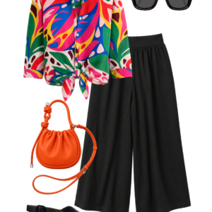 o25 Outfit collage: knotted white and black striped Banana Republic Factory tee with black Lands' End cropped palazzo pants, colorful square scarf worn as hair accessory, large natural straw market tote, and black Camper Dana leather slingback sandals on white background, Wardrobe Oxygen