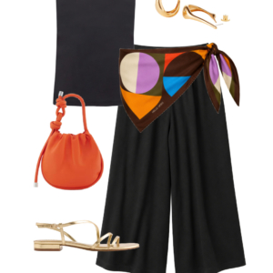 o26 Outfit collage: black Universal Standard refined tank with black Lands' End cropped palazzo pants, large colorful square scarf tied diagonally at waist, Jenny Bird gold sculptural hoop earrings, orange Behno New York convertible crossbody bag, and gold J.Crew Factory strappy flat sandals on white background, Wardrobe Oxygen