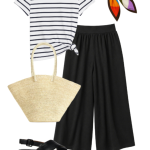 o27 Outfit collage: Boden bold tropical print linen tunic shirt worn open as a jacket over black Universal Standard refined tank with black Lands' End cropped palazzo pants, Ray-Ban Puffy Wayfarer sunglasses, orange Behno New York convertible crossbody bag, and black Camper Dana leather slingback sandals on white background, Wardrobe Oxygen