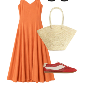 o28 Outfit collage: burnt orange Universal Standard Sunshower linen midi dress with large colorful square scarf tied at waist, Ray-Ban Puffy Wayfarer sunglasses, Jenny Bird gold sculptural hoop earrings, orange Behno New York convertible crossbody bag, and black Camper Dana leather slingback sandals on white background, Wardrobe Oxygen