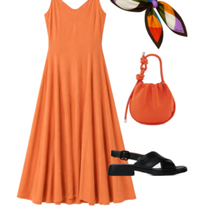 o29 Outfit collage: burnt orange Universal Standard Sunshower linen midi dress layered with Boden bold tropical print linen tunic shirt tied at waist, orange Behno New York convertible crossbody bag, and gold J.Crew Factory strappy flat sandals on white background, Wardrobe Oxygen