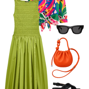 o3 Outfit collage: chartreuse green smocked J.Crew cotton midi dress layered with bold tropical print linen tunic tied at the waist, Ray-Ban square sunglasses, orange Behno New York convertible crossbody bag, and black Camper leather slingback sandals on white background, Wardrobe Oxygen