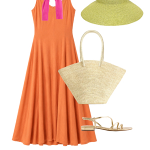 o30 Outfit collage: burnt orange Universal Standard Sunshower linen midi dress styled with Jenny Bird gold sculptural hoop earrings, gold wicker clutch, and gold J.Crew Factory strappy flat sandals on white background, Wardrobe Oxygen